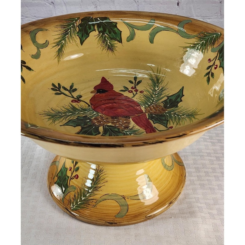 MAXCERA - Honey Cardinal - LARGE Pedestal Compote Serving Bowl Holly Christmas